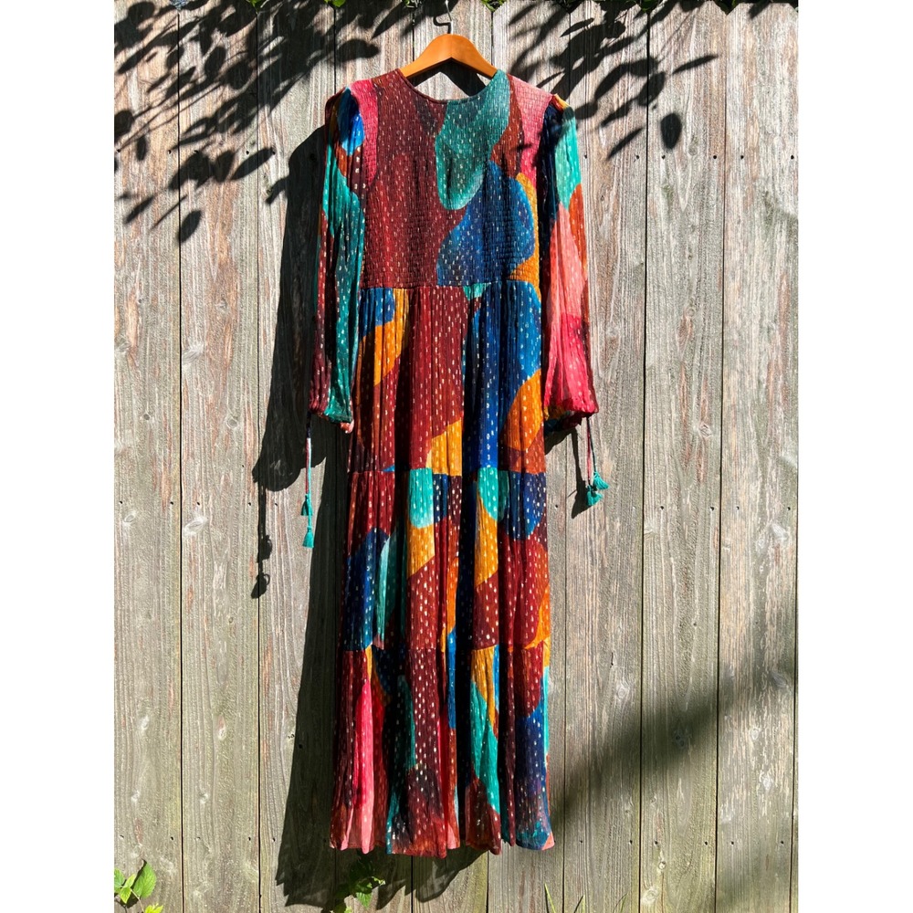 Oliphant Georgette Maxi Shimmer Lurex Tiered Multicolored Boho Dress S NWT